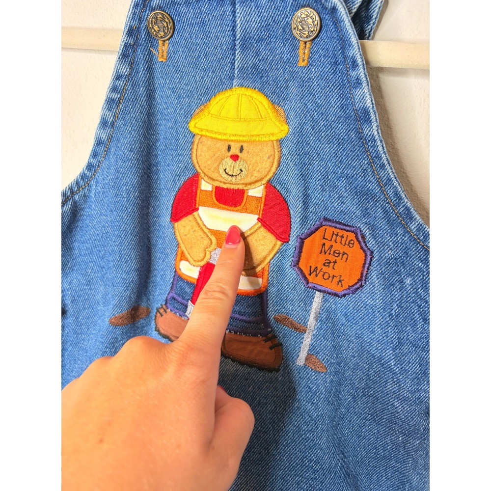 Vintage 18 months Boys Denim Overalls Construction Patch Bear 100% Cotton - Picture 6 of 9